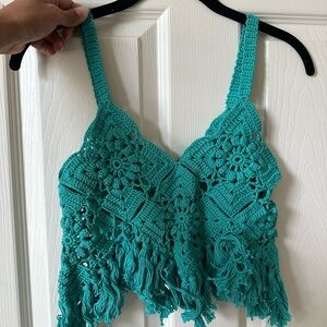 Crochet Teal Fringe Crop Top